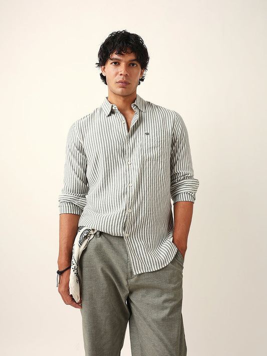 Green & White Vertical Woven Pinstriped Slim Fit Casual Shirt