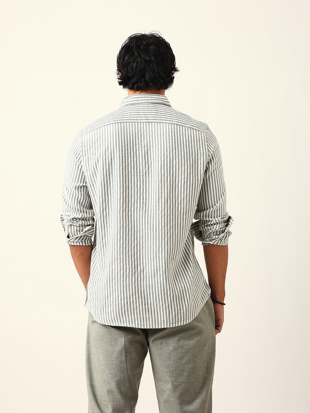 Green & White Vertical Woven Pinstriped Slim Fit Casual Shirt