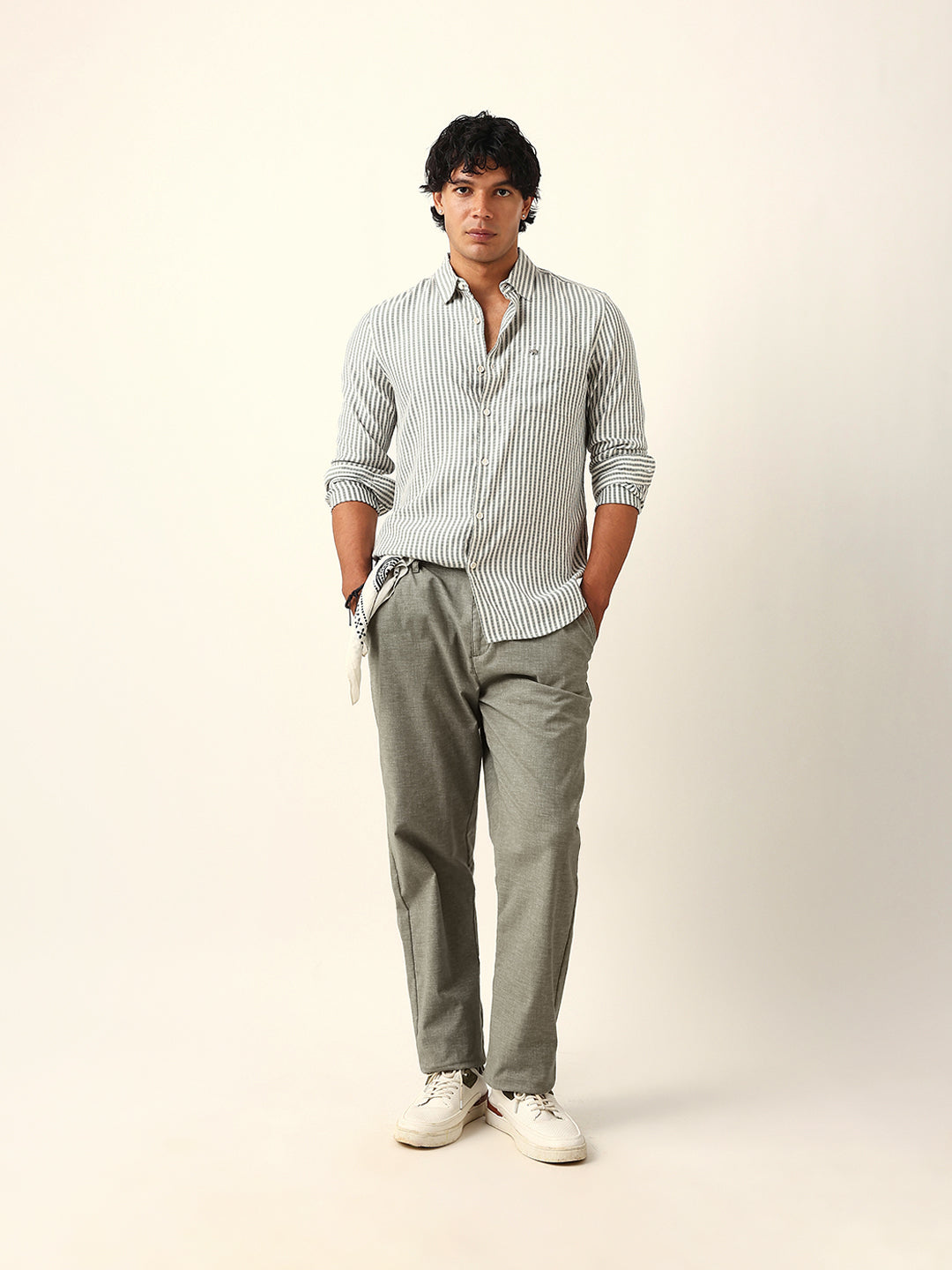 Green & White Vertical Woven Pinstriped Slim Fit Casual Shirt