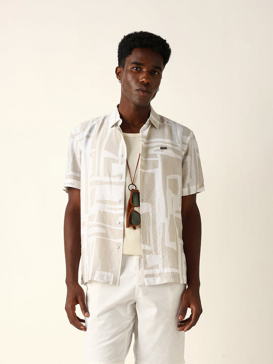 White & Beige Relaxed Fit Abstract Stroke Print Half Sleeve Casual Shirt