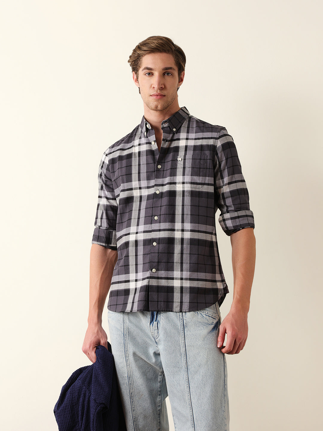 Charcoal Grey Woven Checkered Slim Fit Casual Shirt