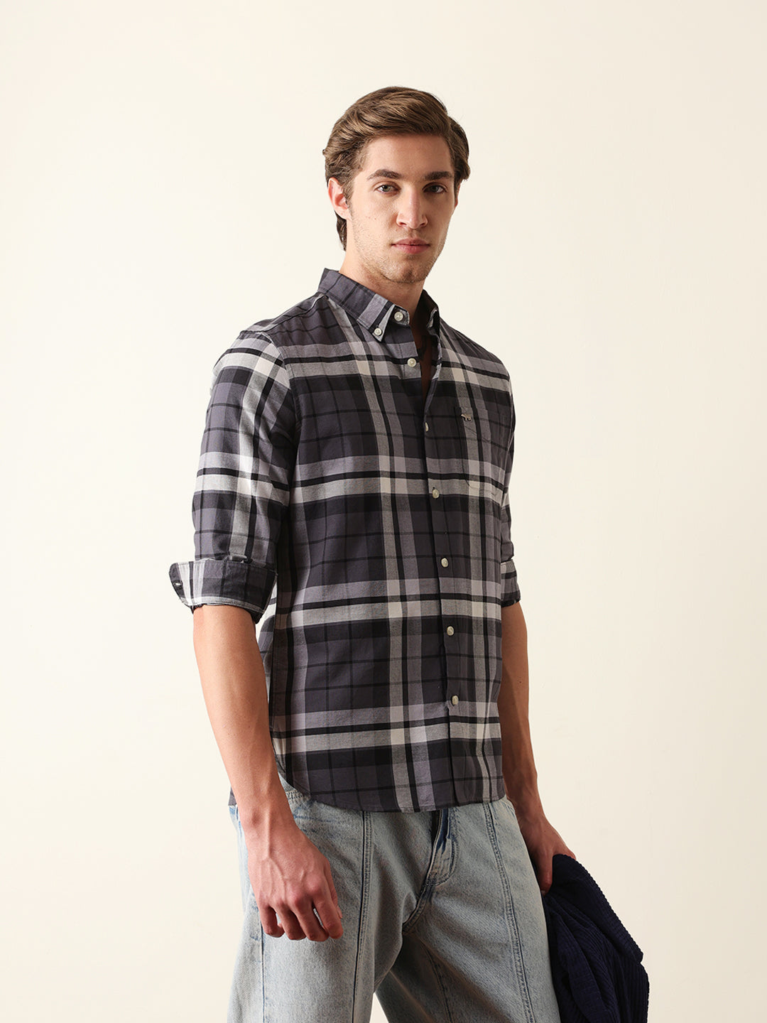 Charcoal Grey Woven Checkered Slim Fit Casual Shirt