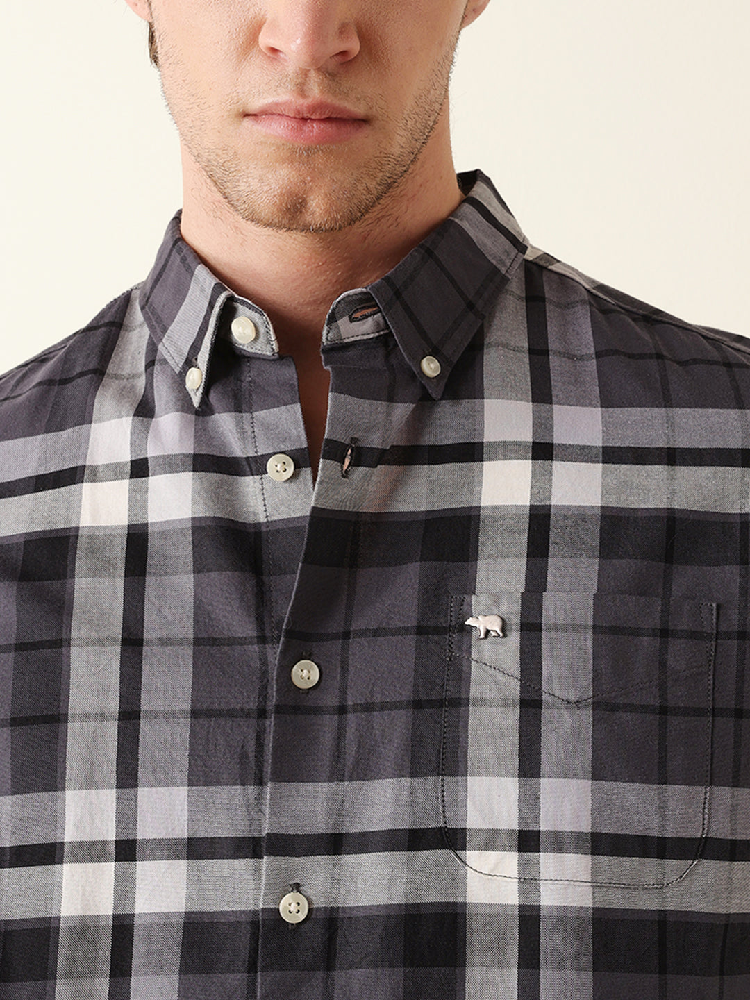 Charcoal Grey Woven Checkered Slim Fit Casual Shirt