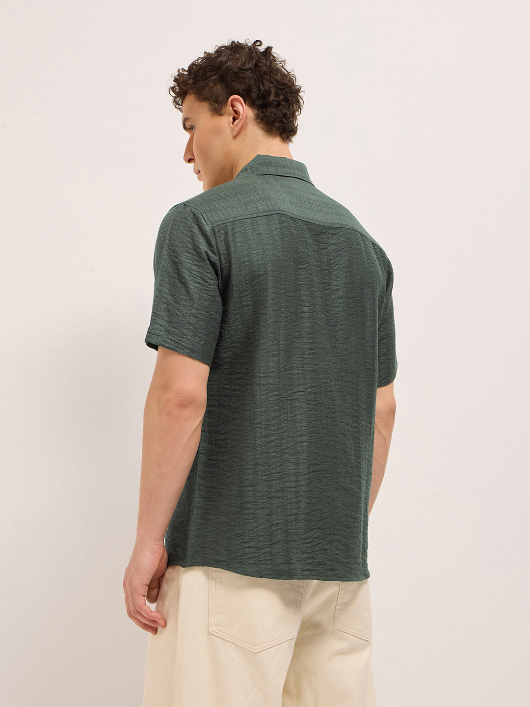 Olive Crinkled Textured Regular Fit Half-Sleeve Casual Shirt