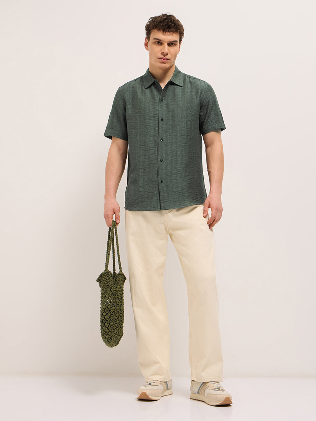 Olive Crinkled Textured Regular Fit Half-Sleeve Casual Shirt