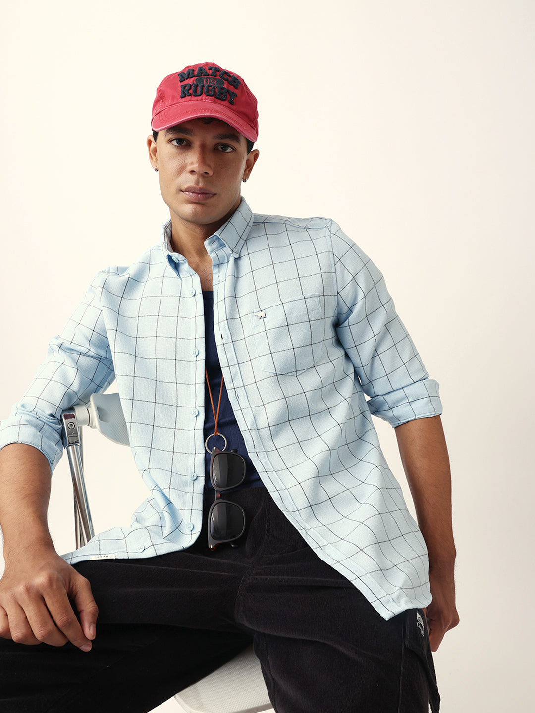 Light Blue Block Checks Slim Fit Casual Shirt