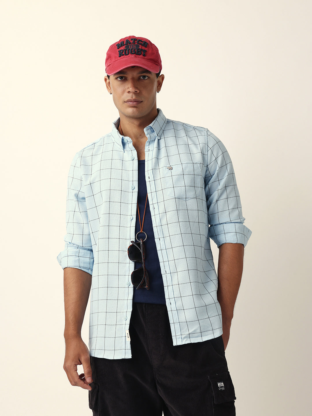 Light Blue Block Checks Slim Fit Casual Shirt