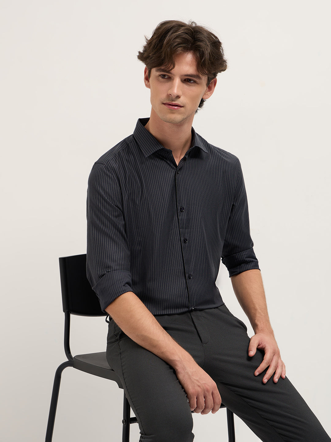 Dark Grey Woven Pin Stripe Design Tailored Fit Formal Shirt