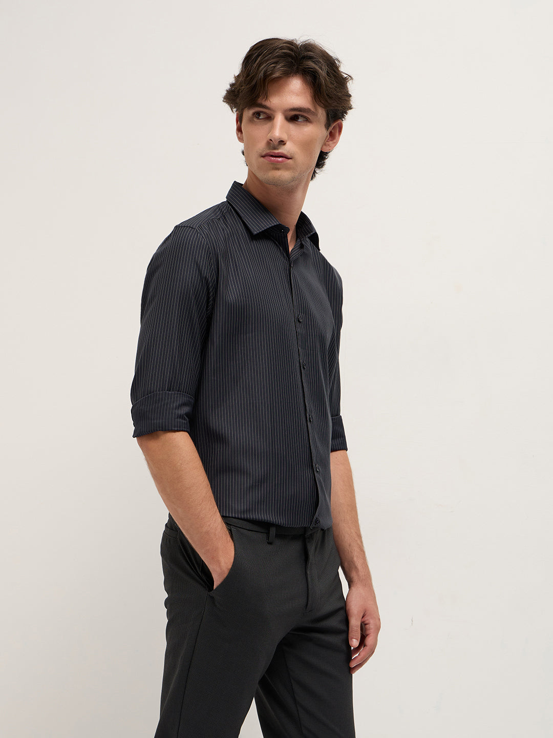Dark Grey Woven Pin Stripe Design Tailored Fit Formal Shirt