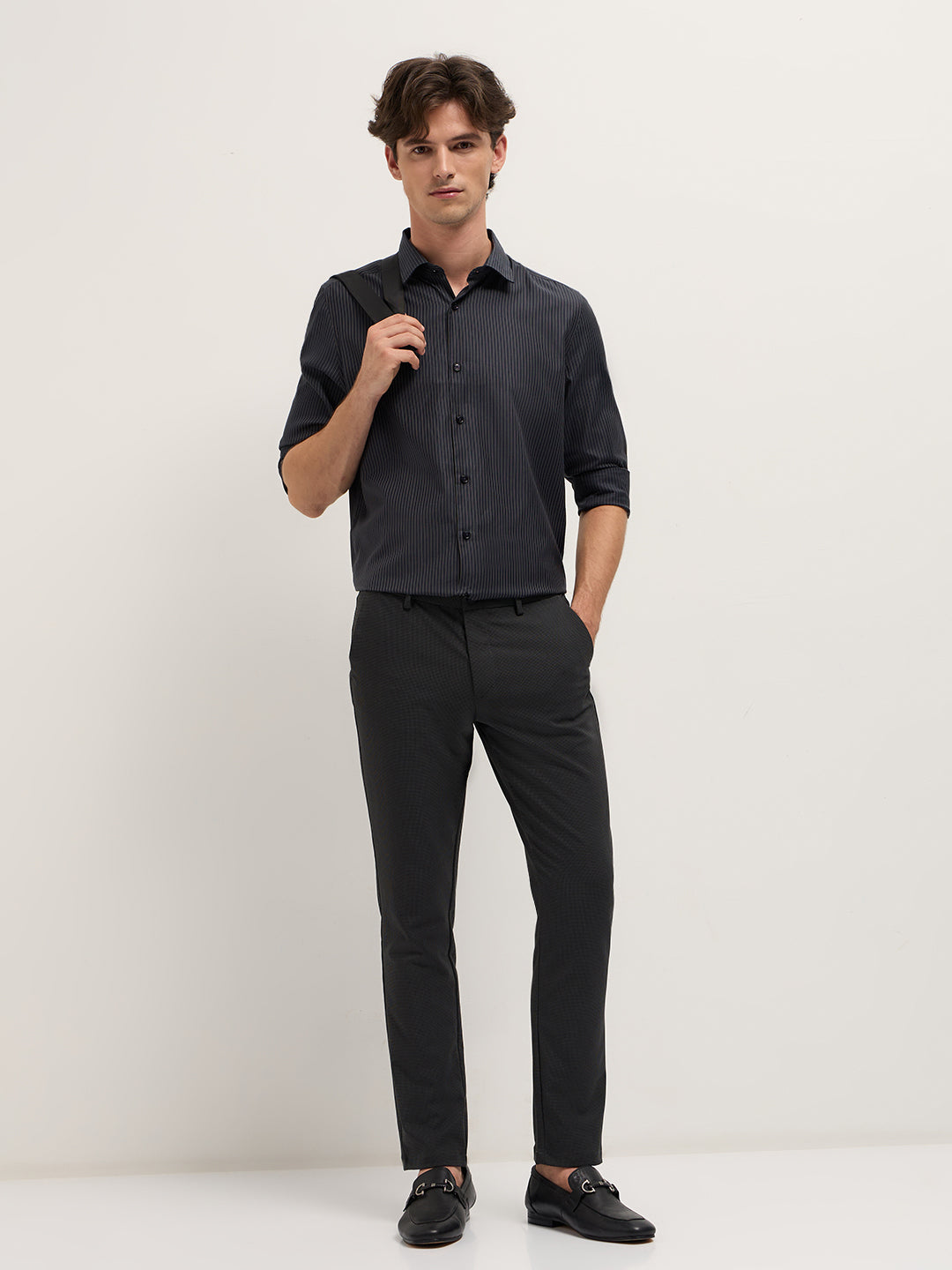 Dark Grey Woven Pin Stripe Design Tailored Fit Formal Shirt
