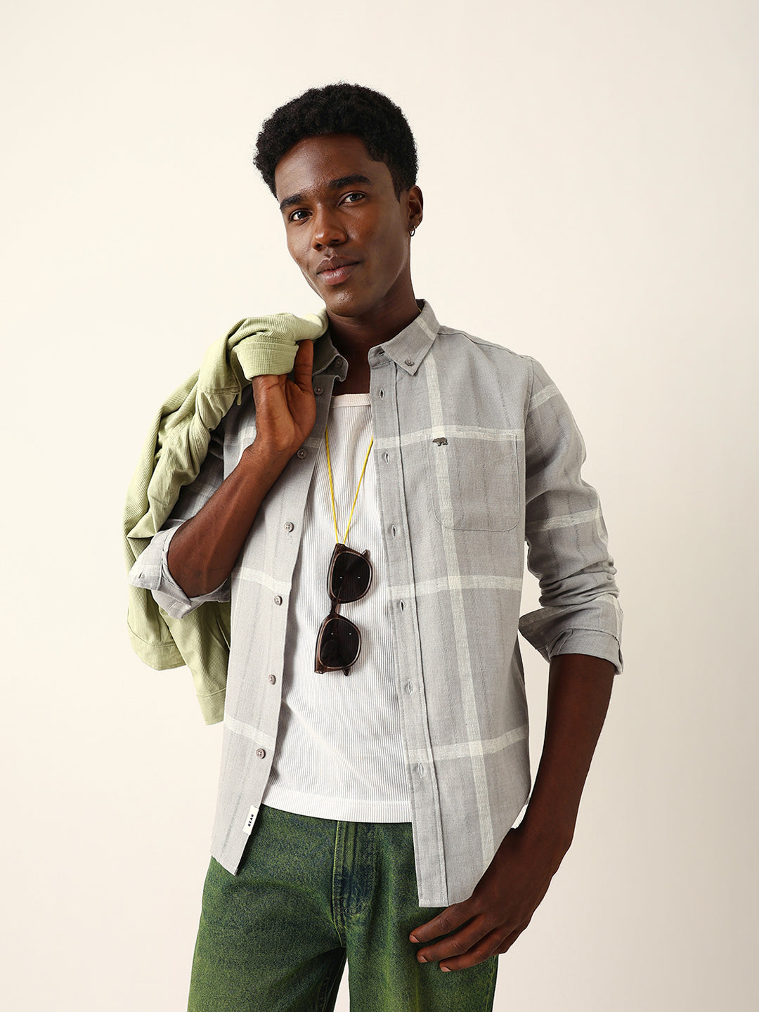 Grey & White Woven Checked Slim Fit Casual Shirt with Button-Down Collar