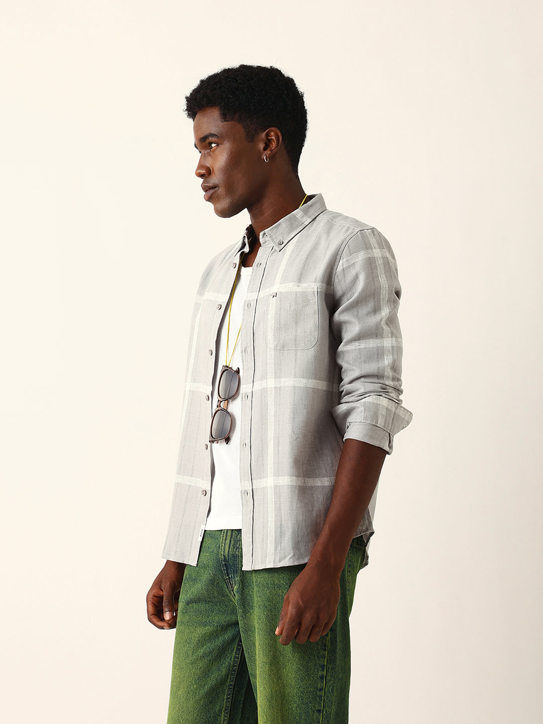 Grey & White Woven Checked Slim Fit Casual Shirt with Button-Down Collar