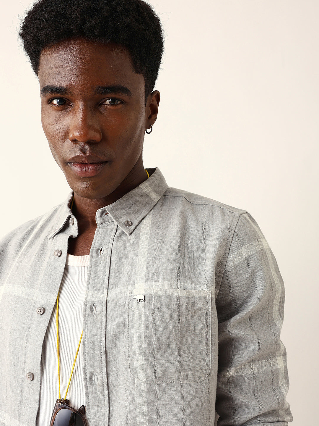 Grey & White Woven Checked Slim Fit Casual Shirt with Button-Down Collar