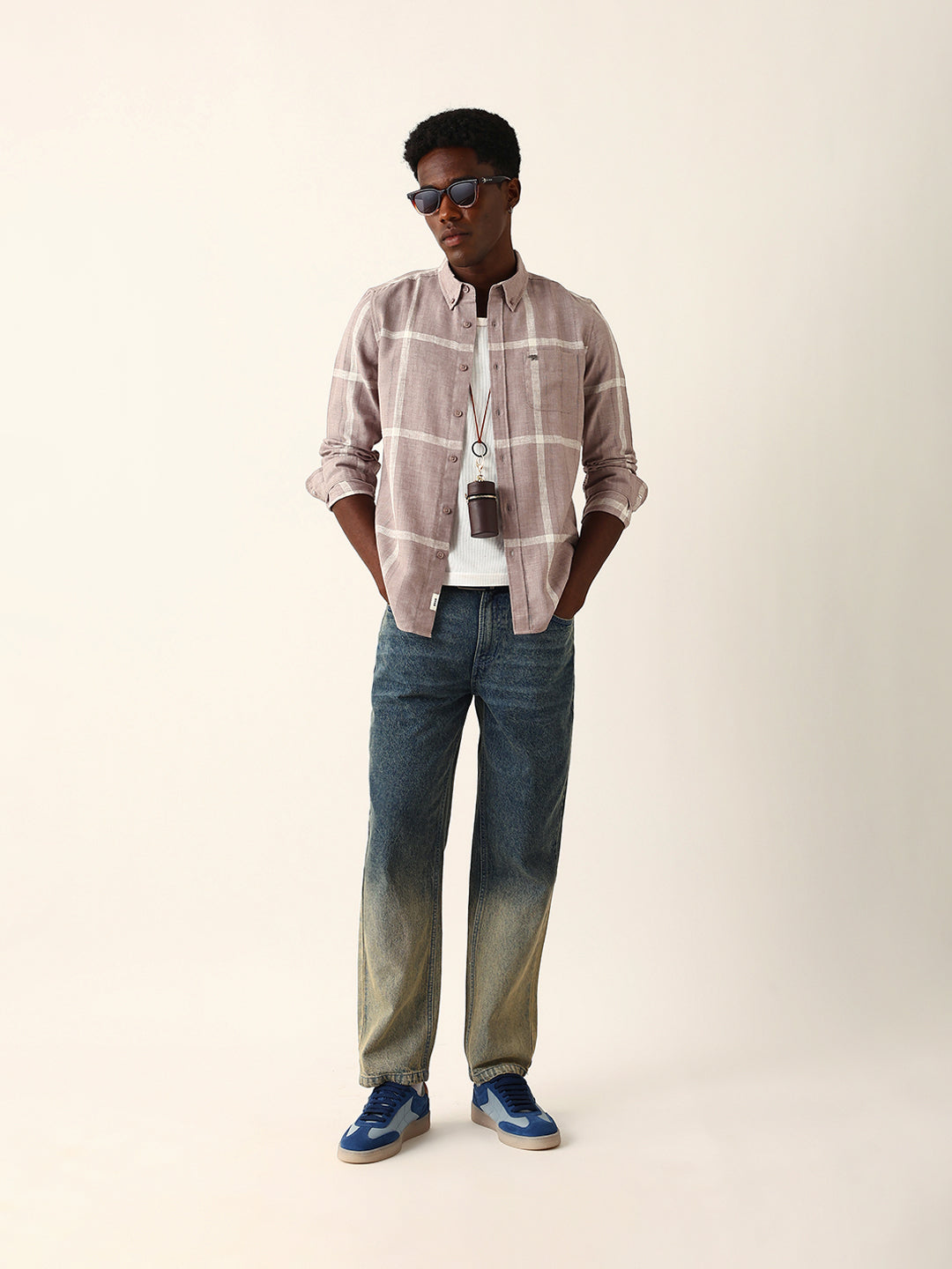 Mauve brown & Beige Woven Checked Slim Fit Casual Shirt with Button-Down Collar