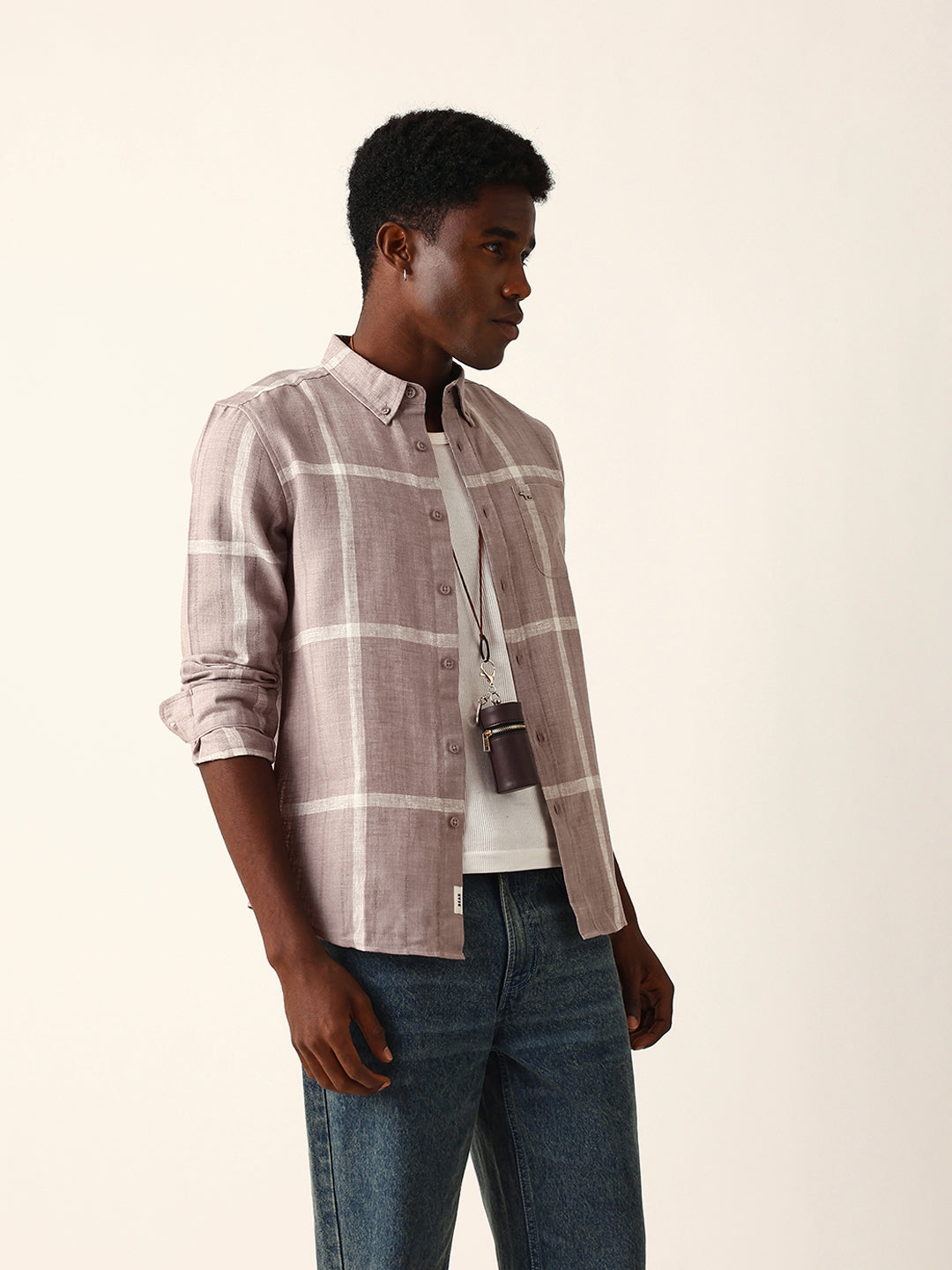 Mauve brown & Beige Woven Checked Slim Fit Casual Shirt with Button-Down Collar
