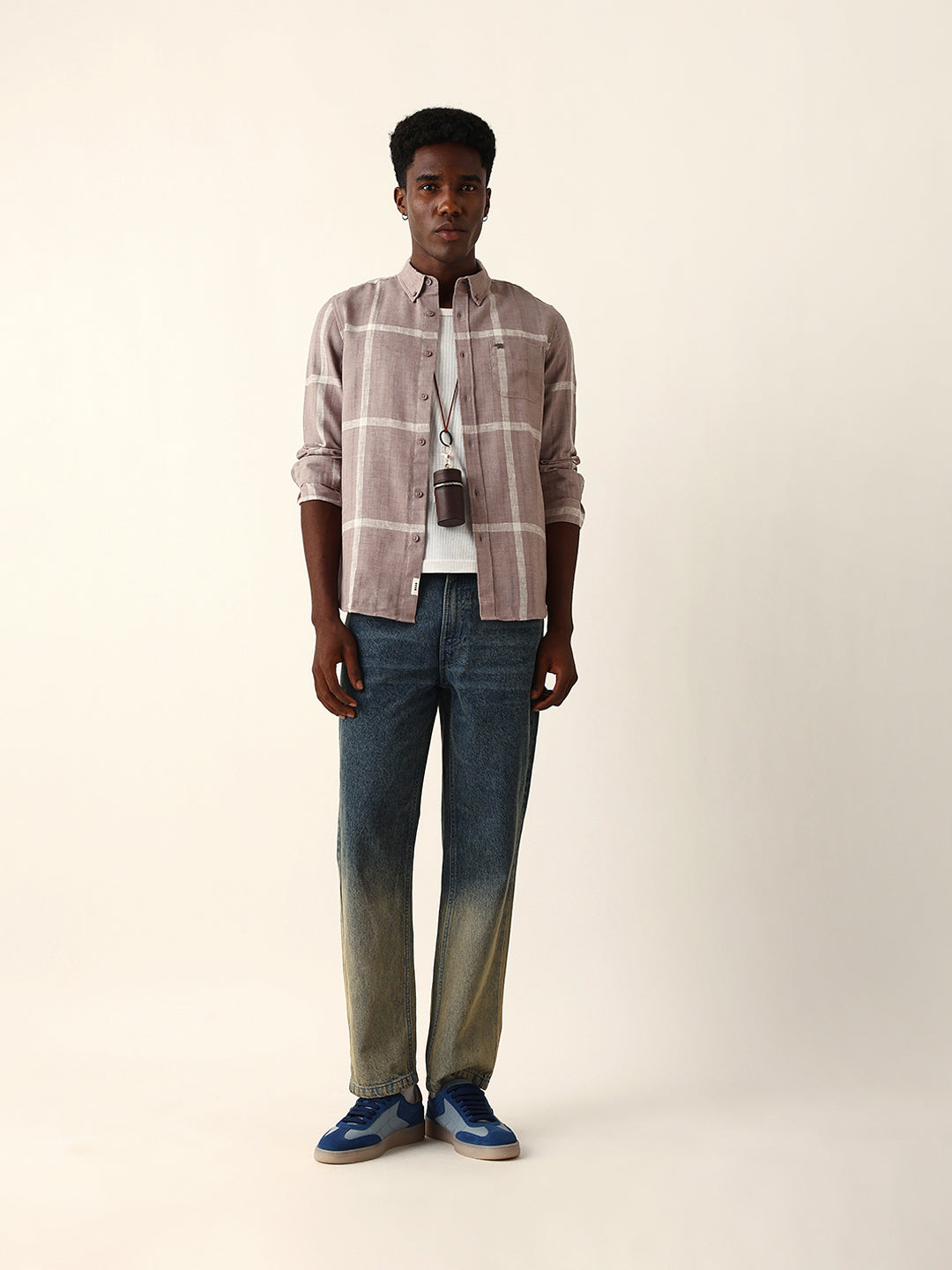 Mauve brown & Beige Woven Checked Slim Fit Casual Shirt with Button-Down Collar