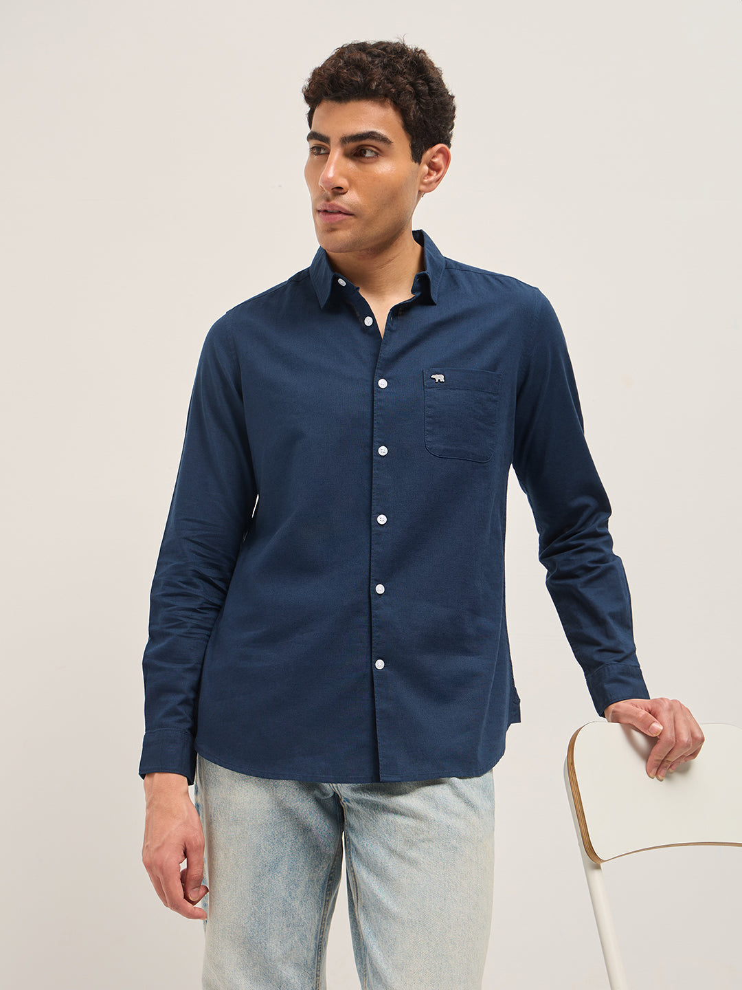 Blue Cotton Linen Slim Fit Solid Casual Shirt