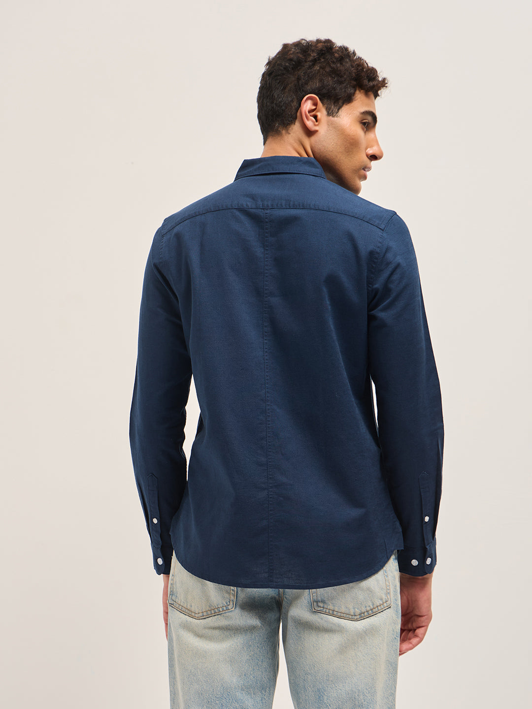 Blue Cotton Linen Slim Fit Solid Casual Shirt