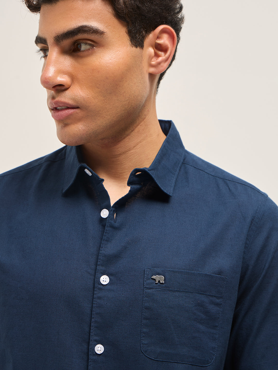 Blue Cotton Linen Slim Fit Solid Casual Shirt
