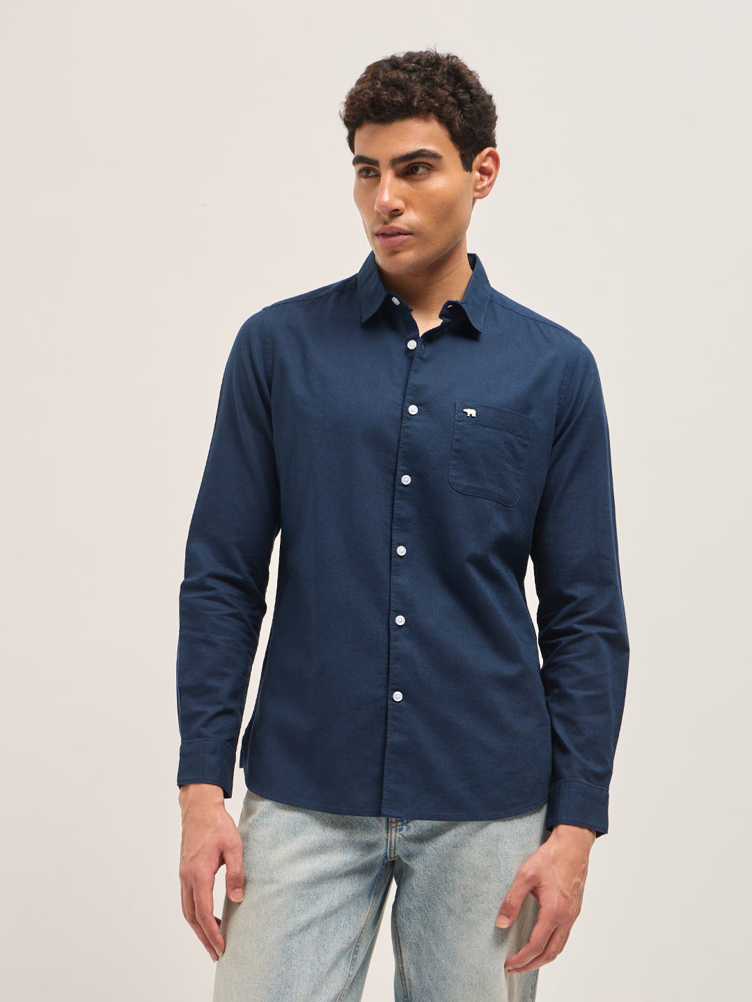 Blue Cotton Linen Slim Fit Solid Casual Shirt