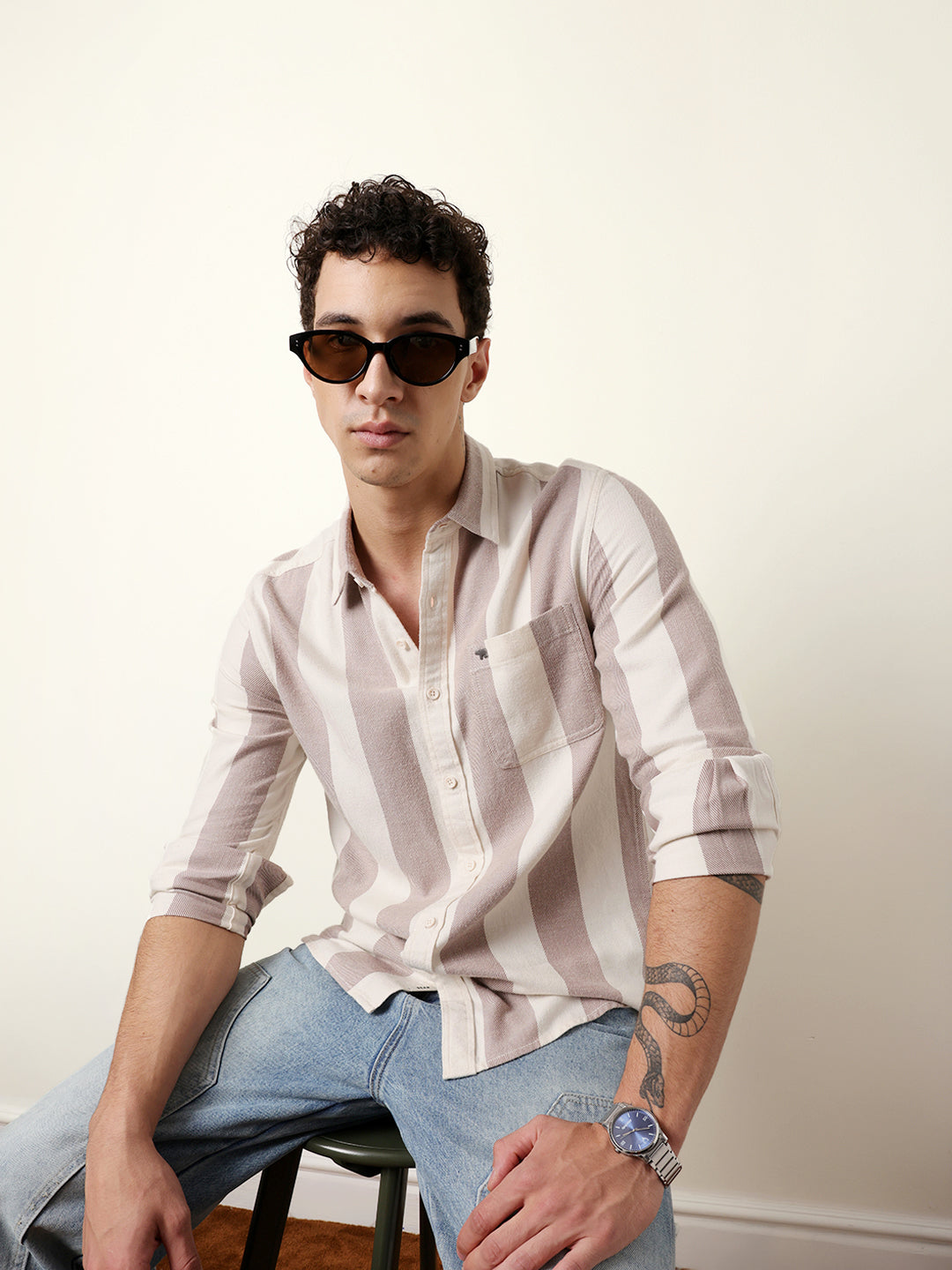 Rust & Cream Vertical Stripe Regular Fit Casual Shirt