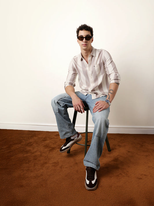 Rust & Cream Vertical Stripe Regular Fit Casual Shirt
