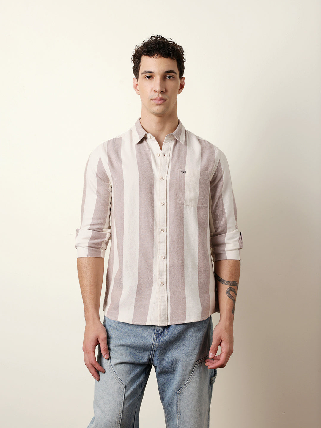 Rust & Cream Vertical Stripe Regular Fit Casual Shirt