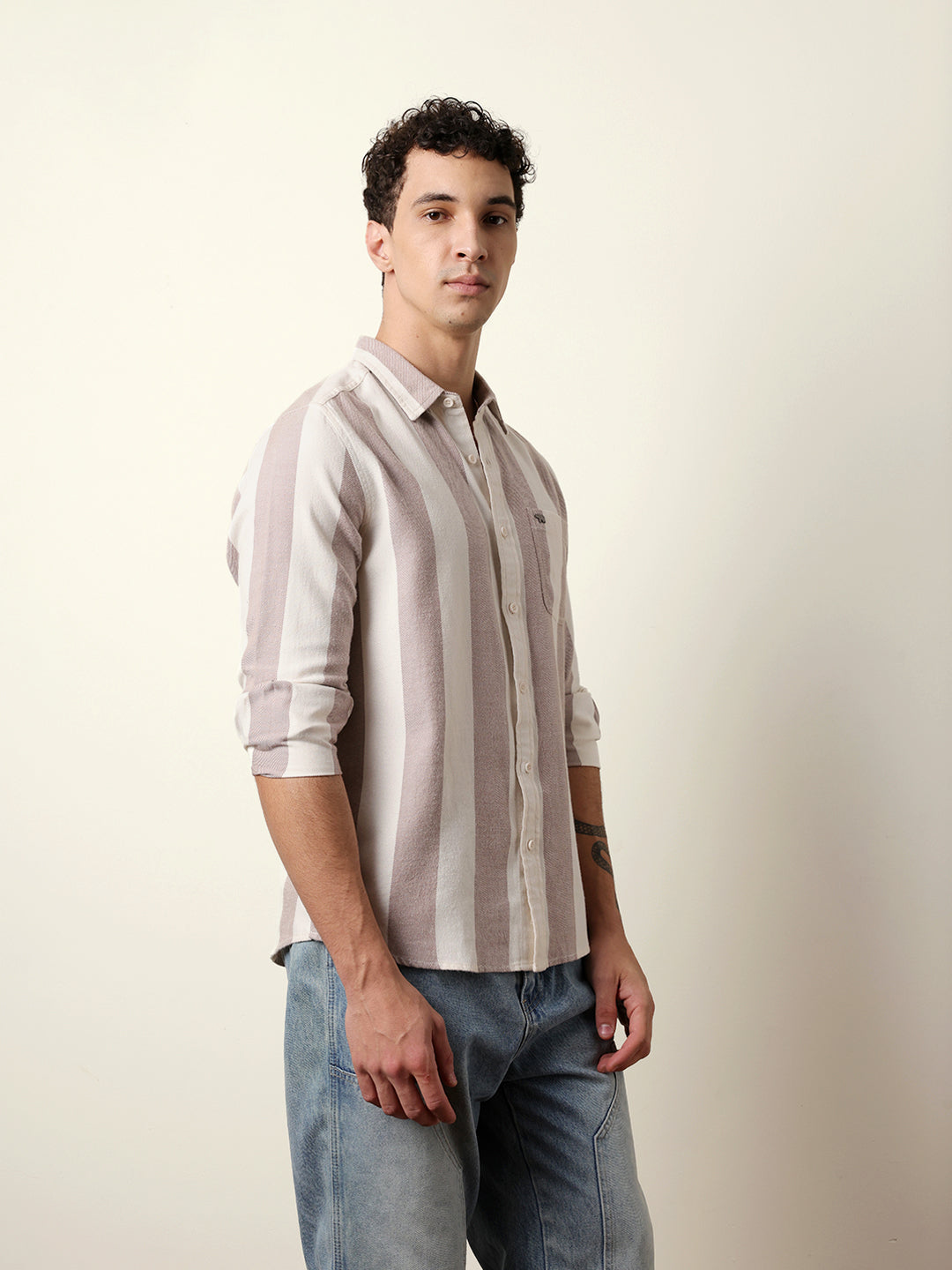 Rust & Cream Vertical Stripe Regular Fit Casual Shirt