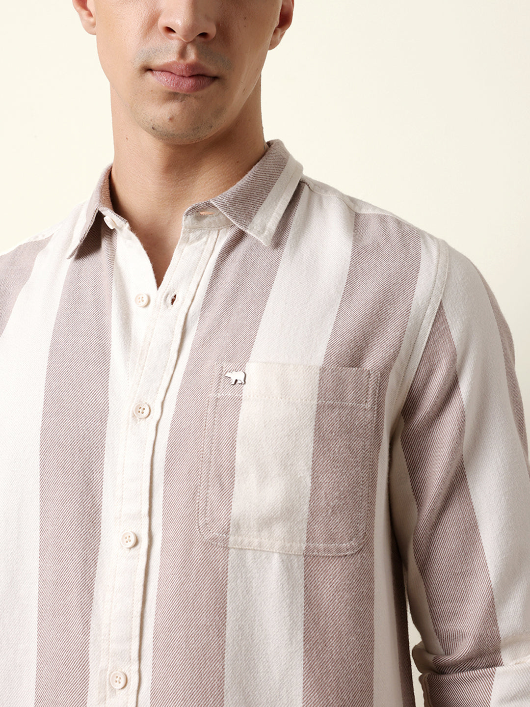 Rust & Cream Vertical Stripe Regular Fit Casual Shirt