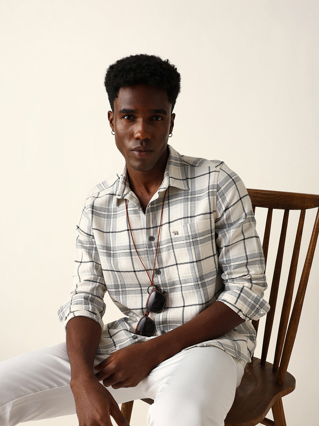 White & Grey Herringbone Flannel Checked Regular Fit Casual Shirt