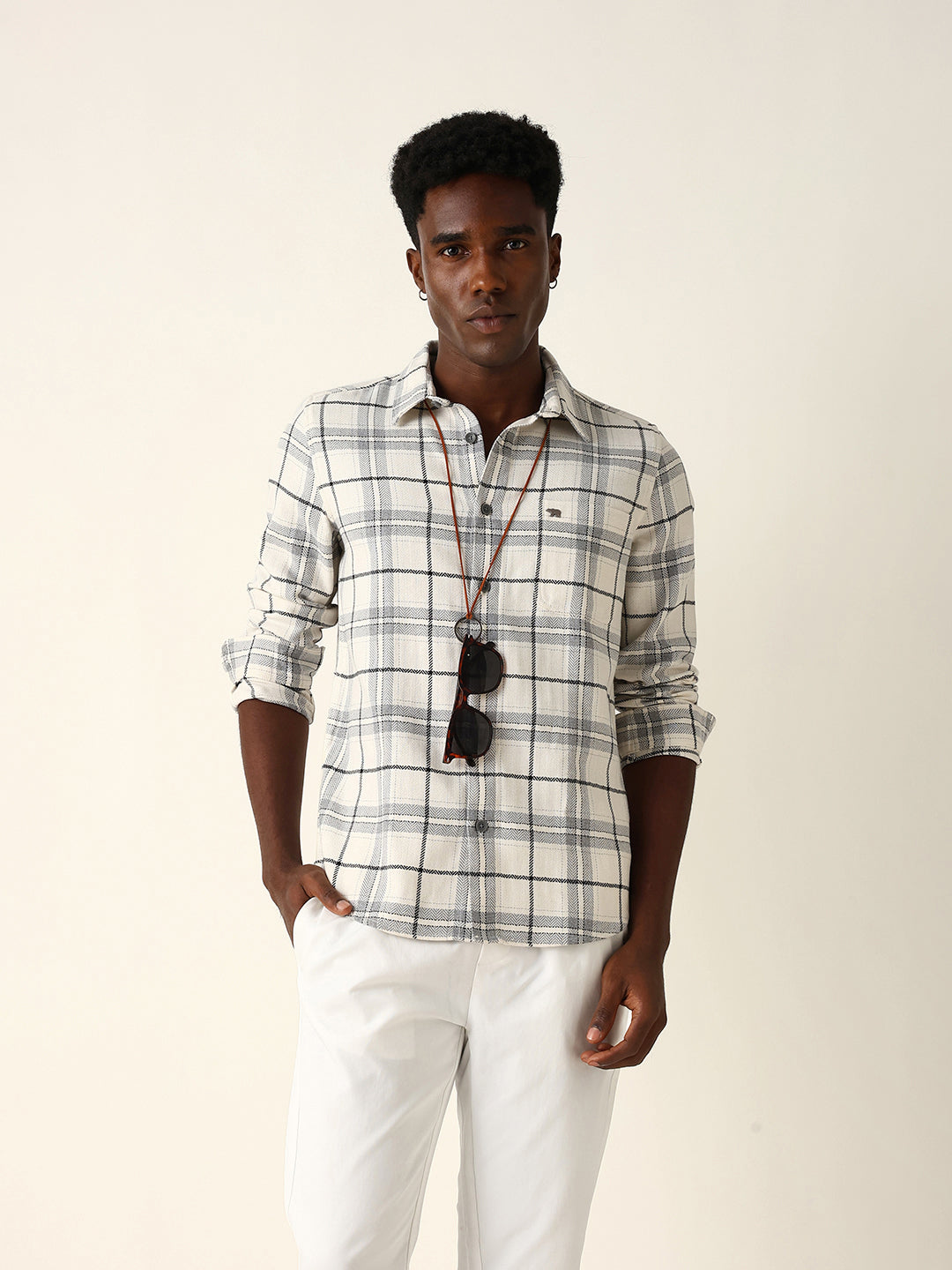 White & Grey Herringbone Flannel Checked Regular Fit Casual Shirt