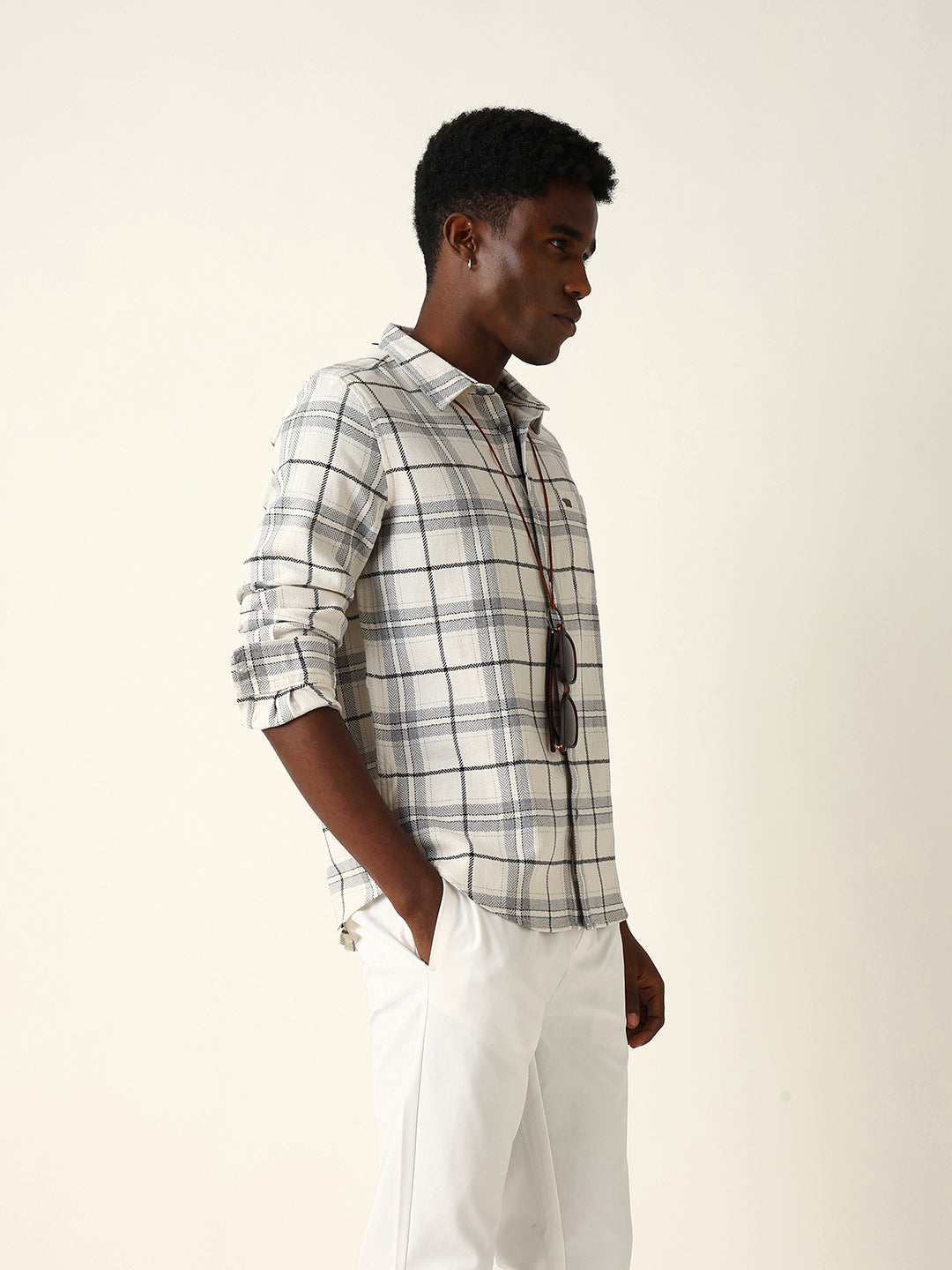 White & Grey Herringbone Flannel Checked Regular Fit Casual Shirt