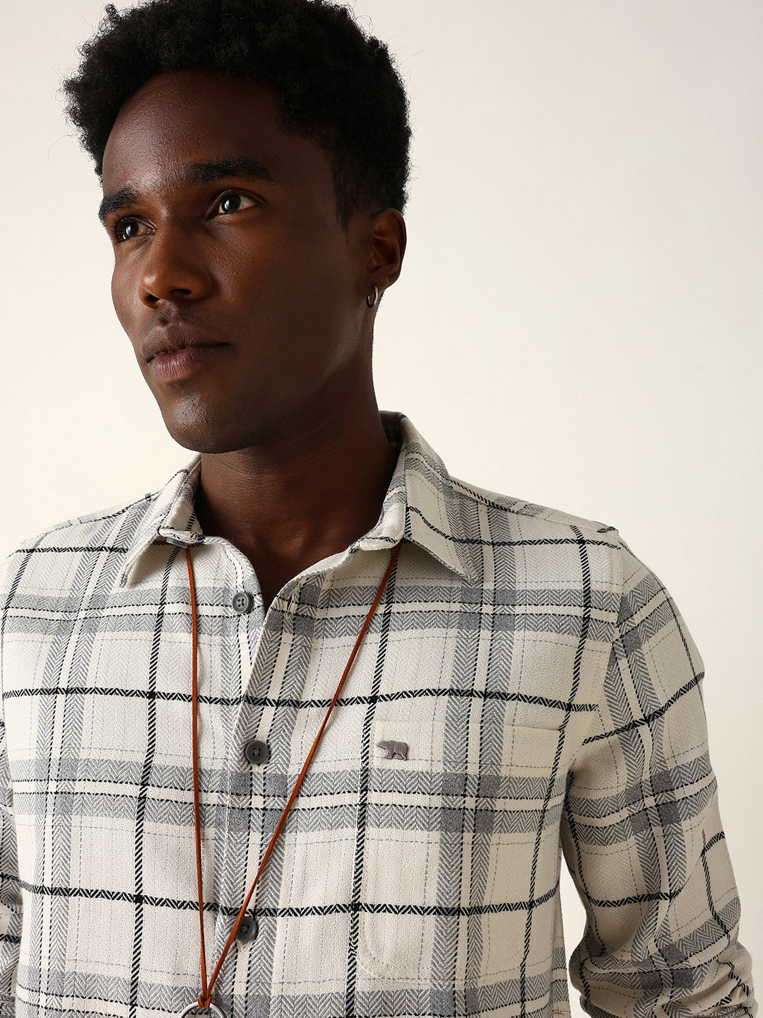 White & Grey Herringbone Flannel Checked Regular Fit Casual Shirt