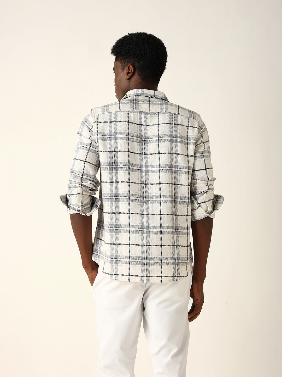 White & Grey Herringbone Flannel Checked Regular Fit Casual Shirt