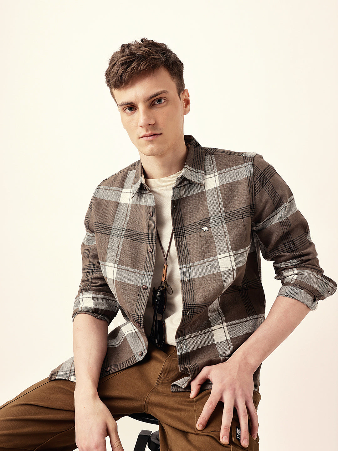 Brown Woven Check Slim Fit Casual Shirt