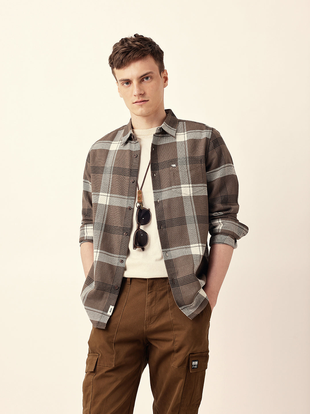 Brown Woven Check Slim Fit Casual Shirt