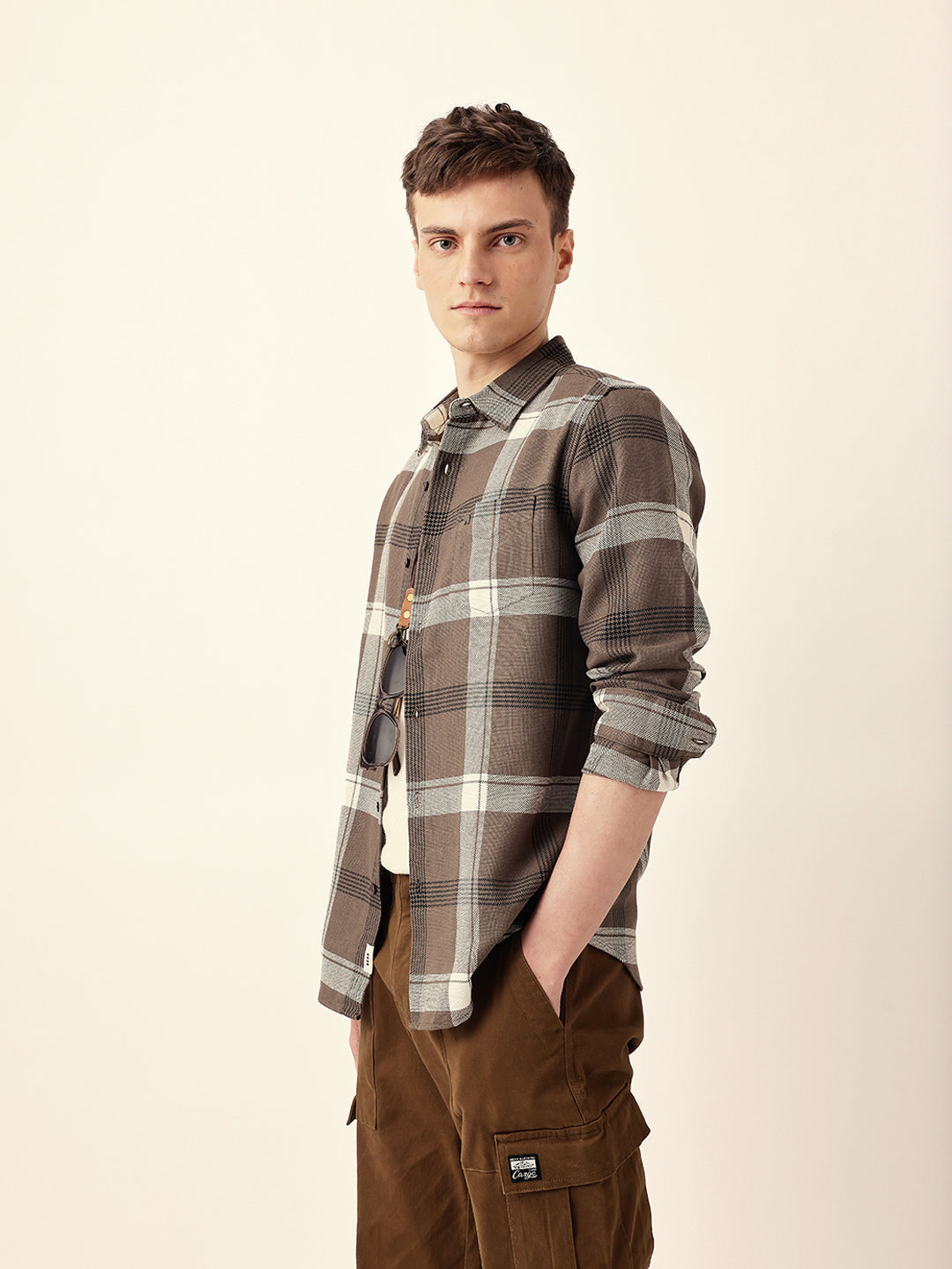 Brown Woven Check Slim Fit Casual Shirt