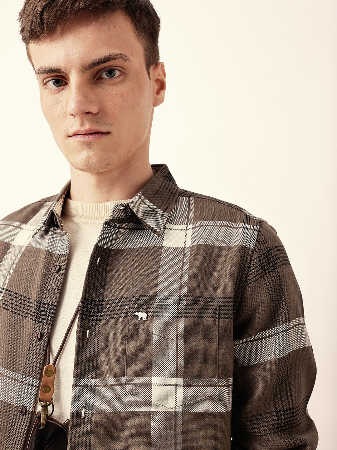 Brown Woven Check Slim Fit Casual Shirt