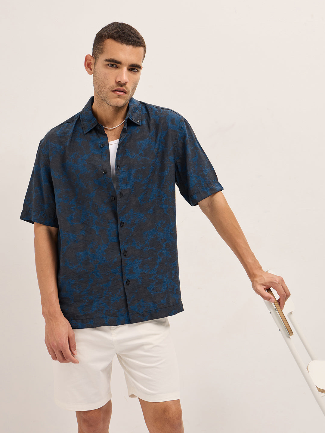 Dark Blue Abstract Digital Print Relax Fit Casual Shirt