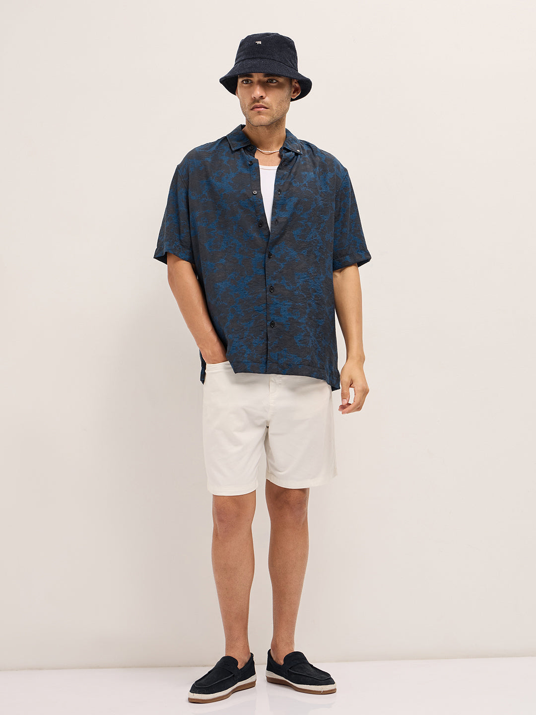 Dark Blue Abstract Digital Print Relax Fit Casual Shirt