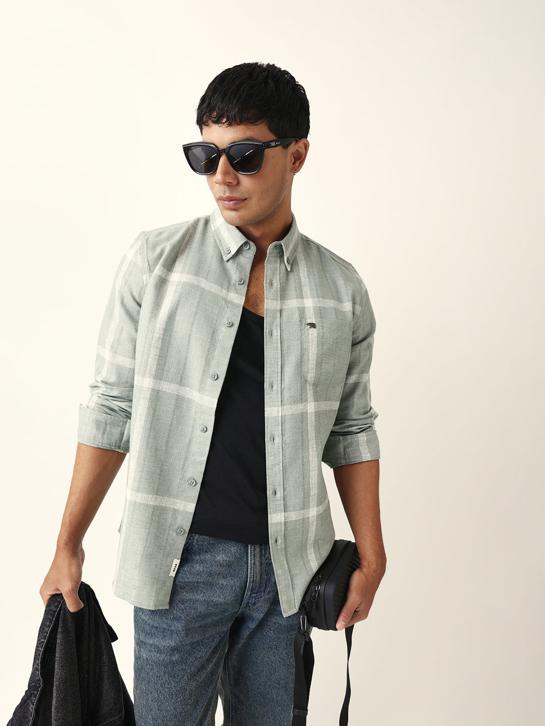 Green & Beige Woven Checked Slim Fit Casual Shirt with Button-Down Collar