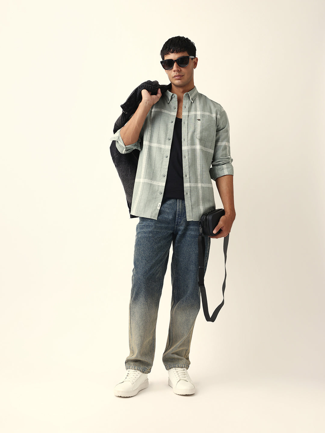Green & Beige Woven Checked Slim Fit Casual Shirt with Button-Down Collar
