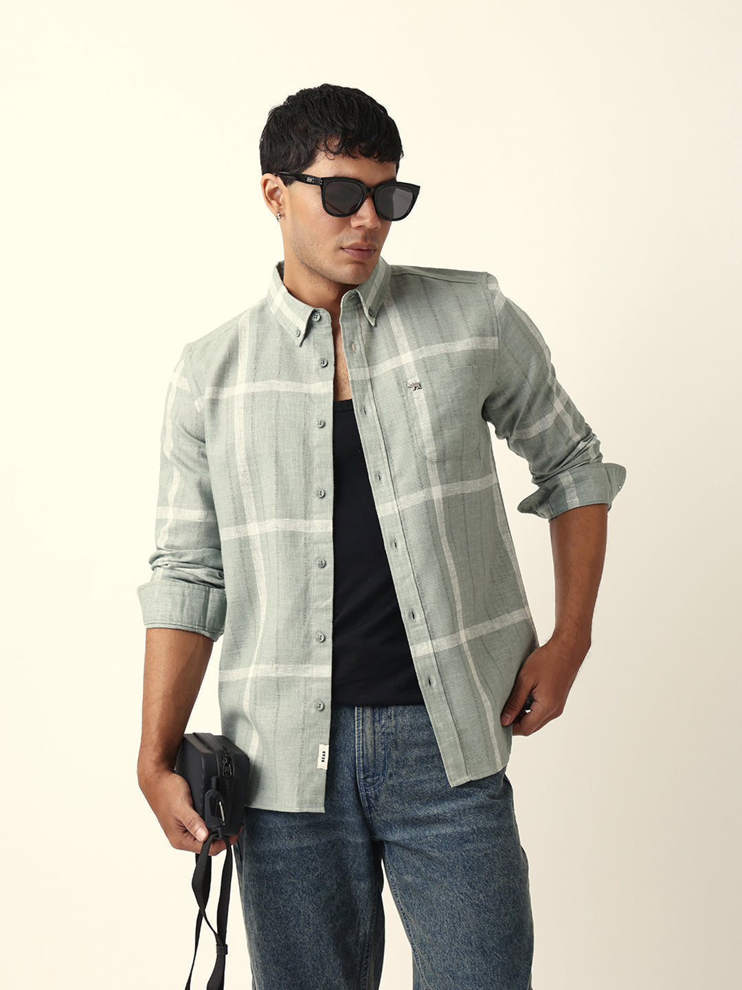 Green & Beige Woven Checked Slim Fit Casual Shirt with Button-Down Collar