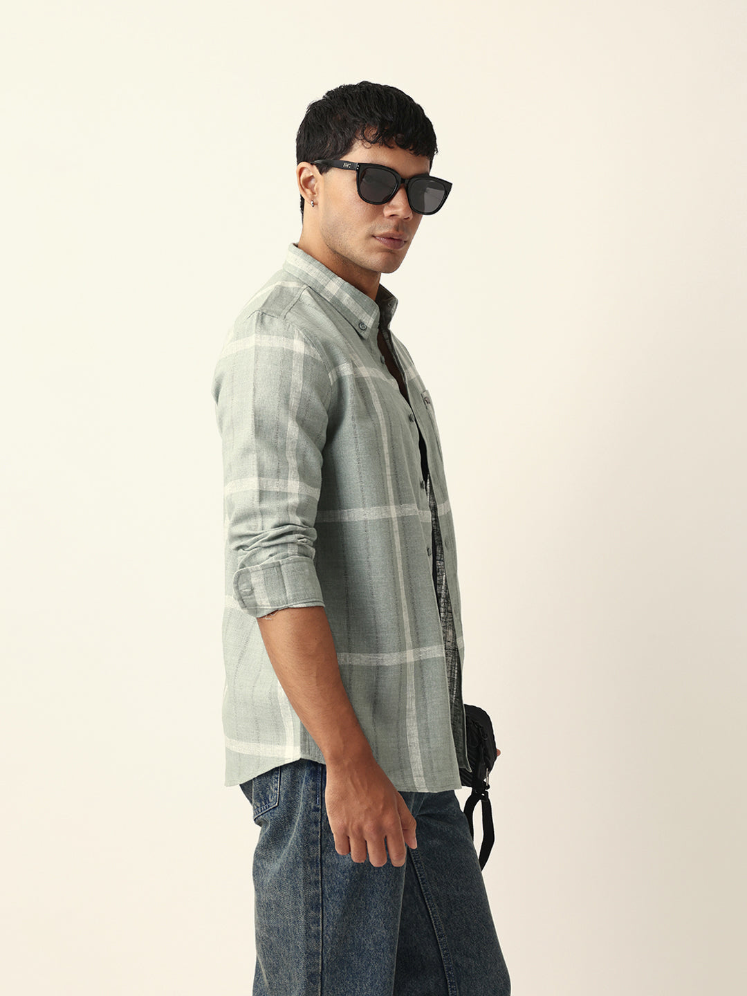 Green & Beige Woven Checked Slim Fit Casual Shirt with Button-Down Collar