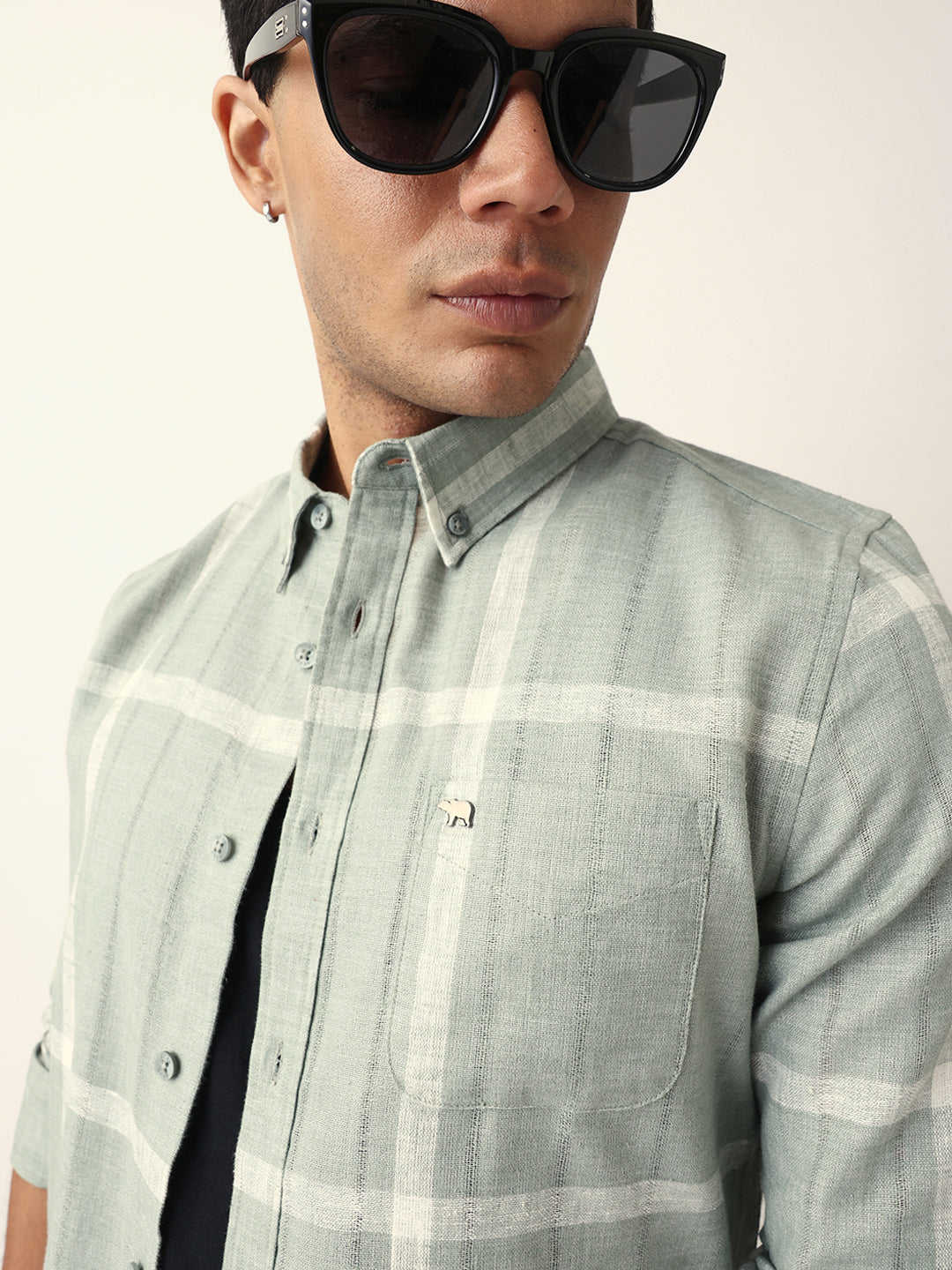 Green & Beige Woven Checked Slim Fit Casual Shirt with Button-Down Collar