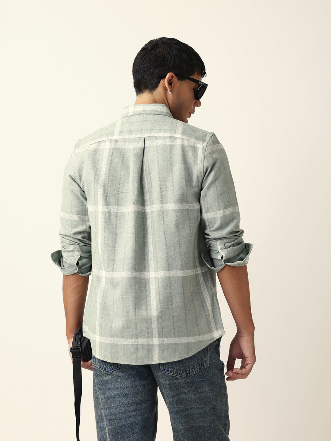 Green & Beige Woven Checked Slim Fit Casual Shirt with Button-Down Collar