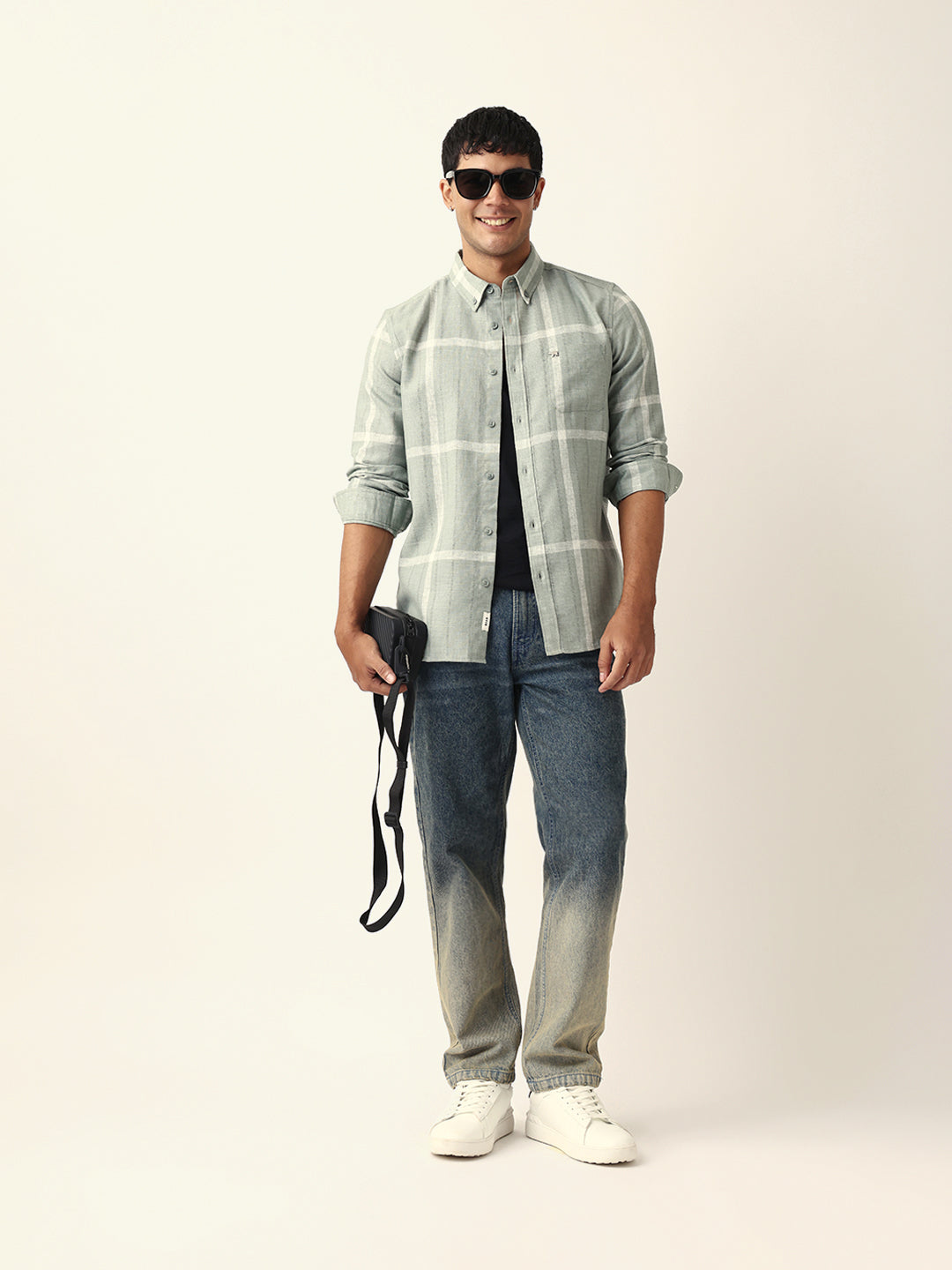 Green & Beige Woven Checked Slim Fit Casual Shirt with Button-Down Collar