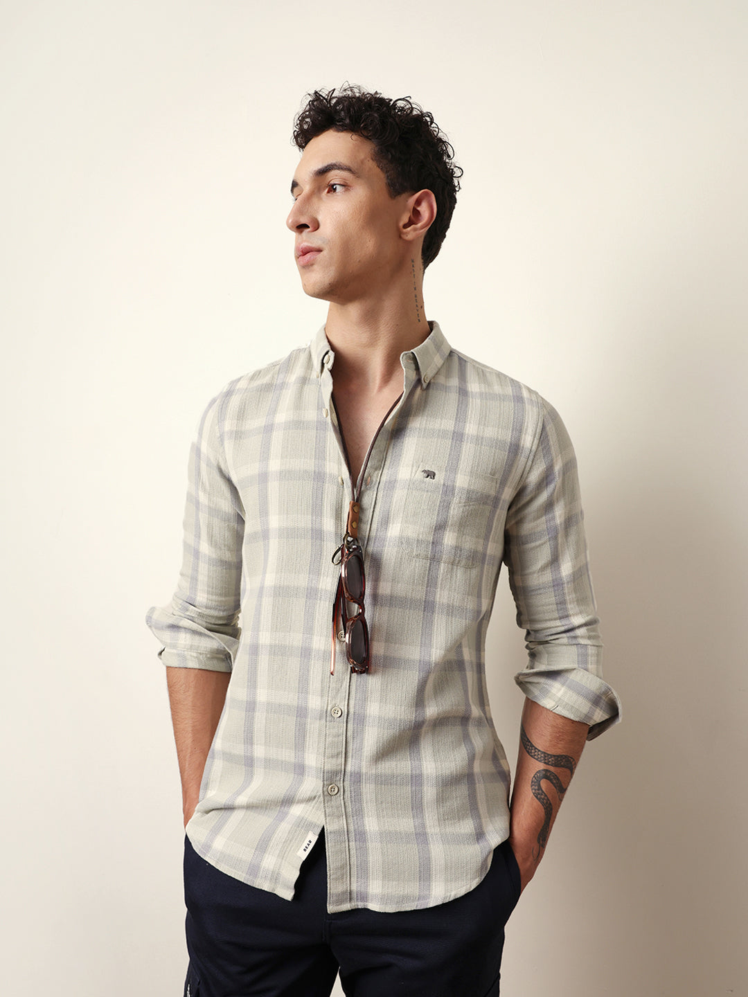 Light Green Textured Woven Check Slim Fit Casual Shirt