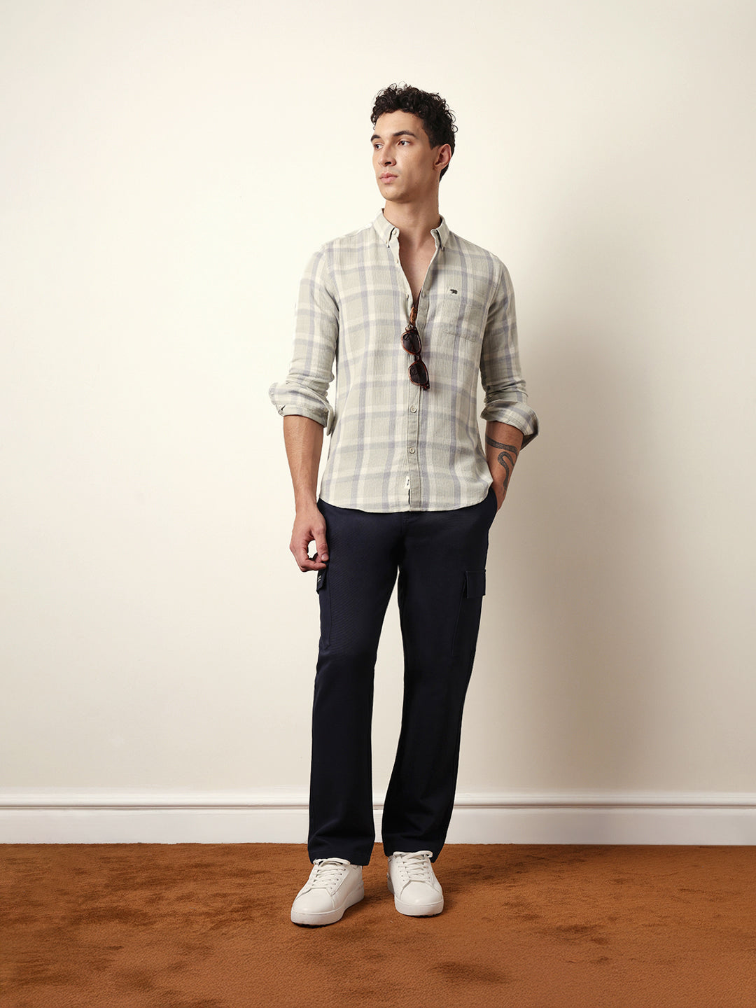 Light Green Textured Woven Check Slim Fit Casual Shirt