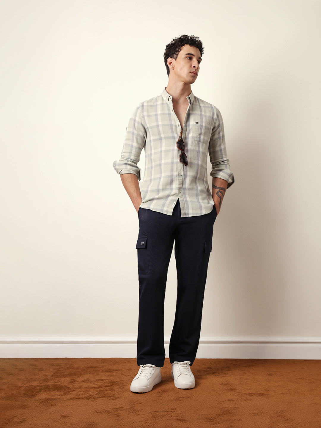 Light Green Textured Woven Check Slim Fit Casual Shirt